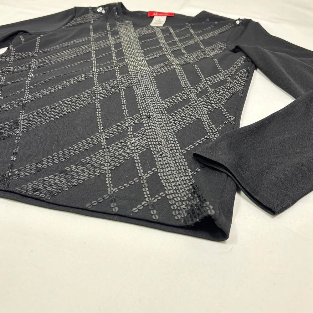 Anne Klein Black Sequin Long Sleeve Top with Silver Sequin Diamond Pattern - Picture 2 of 5